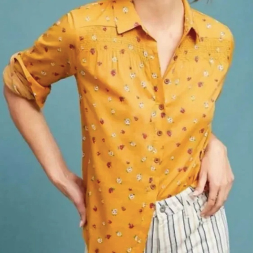 Anthropologie Maeve Phyllis Top Womens 14 Mustard Yellow Floral Boho Cottagecore